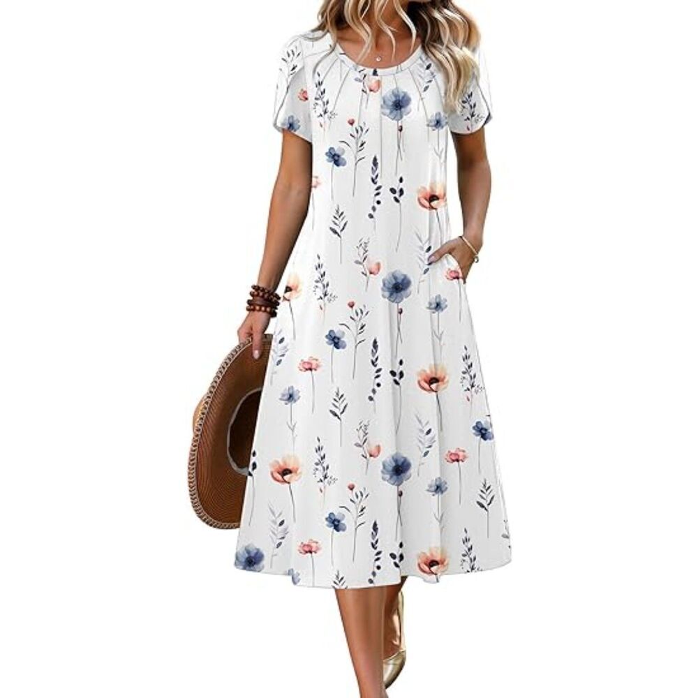 Women's White Floral Blend Crew-Neck A-Line Short Sleeve Flowy Boho Sundress